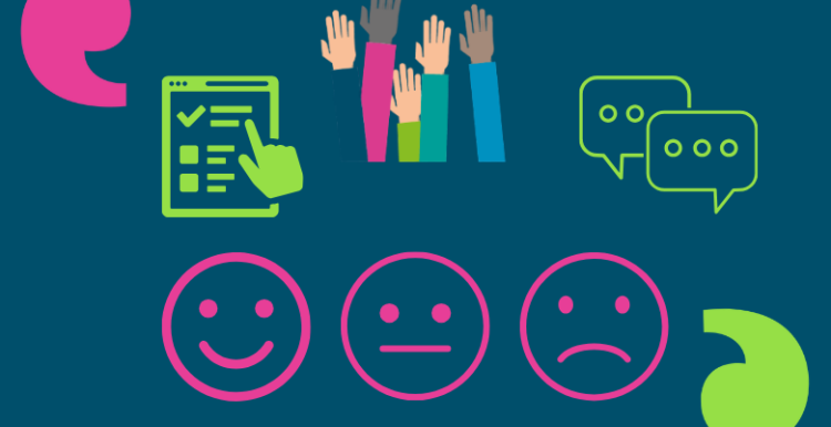 On a dark blue image there are various icons arranged in 2 rows - on the top row an online survey, hands raised in the air and speech bubbles; on the bottom row a happy face, a neutral face and a sad face. To the top left corner and bottom right corner are the Healthwatch Surrey speech marks.