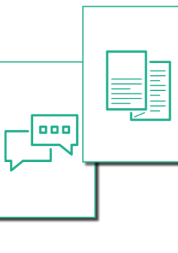 The image shows 2 boxes, one contains a icon of a report, the other an icon of speech bubbles