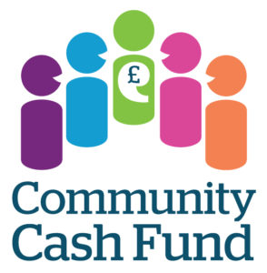 Graphics of people represented by cyclinders with dots above each one, in purple, blue, green pink and orange. Below the graphics are teh words 'Community Cash Fund'