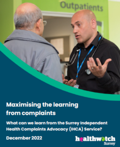 Front cover of our report, showing a photo of a member of staff and patient talking in Outpatients reception and the title of the report.