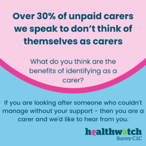 Text reads: ‘Over 30% of unpaid carers we speak to don’t think of themselves as carers’. Alongside this quote are the words; What do you think are the benefits of identifying as a carer? If you are looking after someone who couldn’t manage without your support – then you are a carer and we’d like to hear from you.’