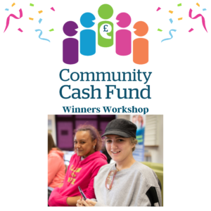 Community Cash Fund Logo with party streamers at the top. Underneath is a photo of two young people smiling at the camera.