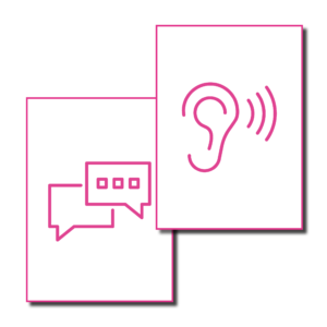2 icons, first one showing speech bubbles and the second one a listening ear