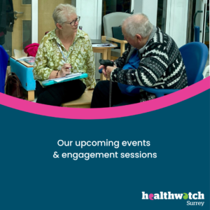One of our engagement team is talking to a person at a local hospital. Underneath the photo, on a dark blue background are the words 'Our upcoming events and engagement sessions.