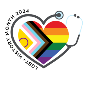 The LGBT+ rainbow colours are in the shape of a heart. Around the heart is a stethoscope. On the left side of the stethoscope are the words LGBT+ history month 2024