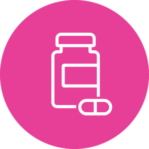 Icon of a medicine bottle with one tablet outside. Shown in a dark pink circle.