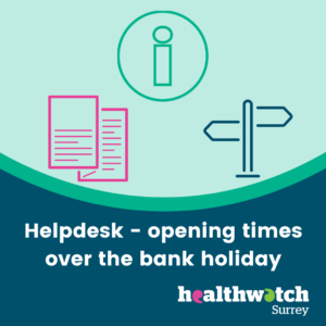 At the top on a pale green background are 3 icons: An 'i' for information, a leaflet and a signpost. Underneath on a dark blue background, are the words: Opening times over the bank holiday weekend. At the bottom right of the image is the Healthwatch Surrey logo.