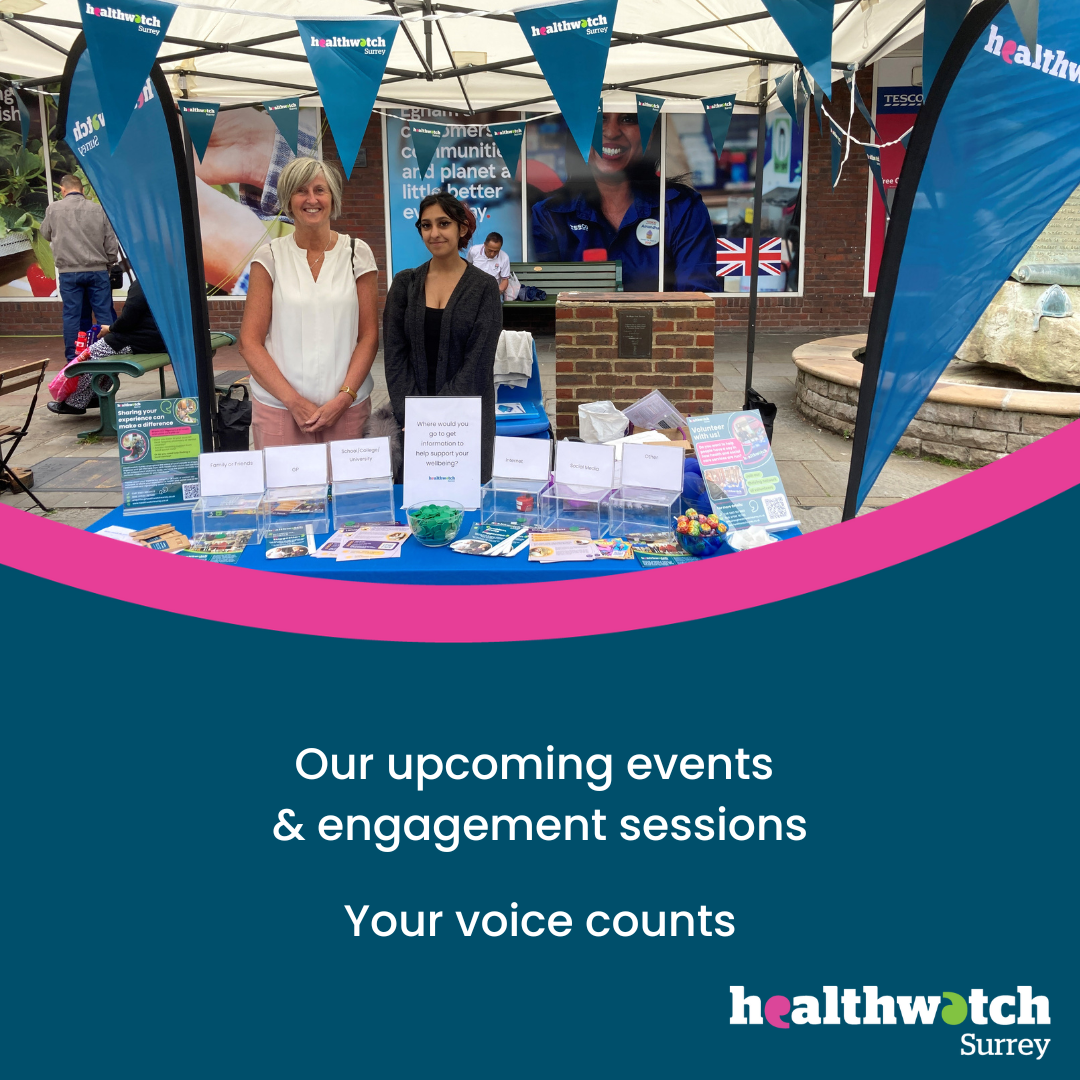 Photo of our volunteers at an awareness event. Underneath on a dark blue background are the words 'Our upcoming events & engagement sessions; Your Voice Counts’ and the Healthwatch Surrey logo.