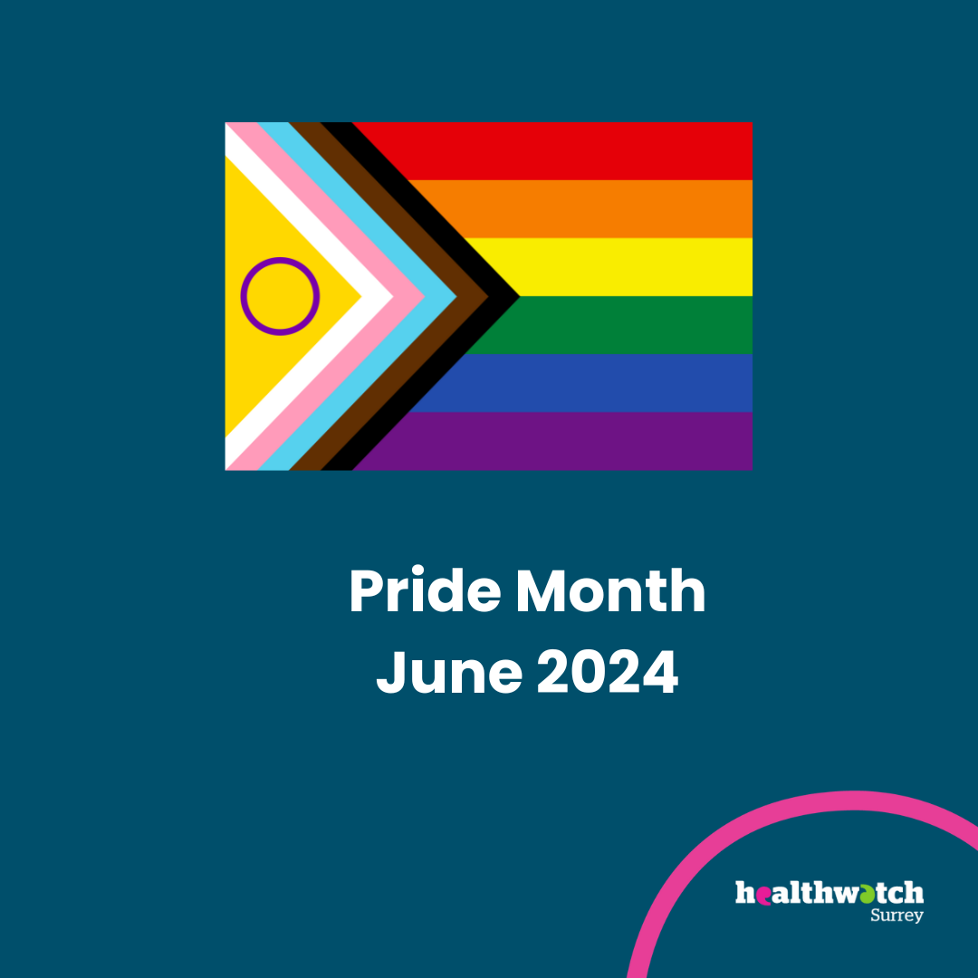 At the top of a dark blue background is the pride flag. Below are the words: Pride Month - June 2024. In teh right hand corner is the Healthwatch Surrey logo with a pink arc above it.