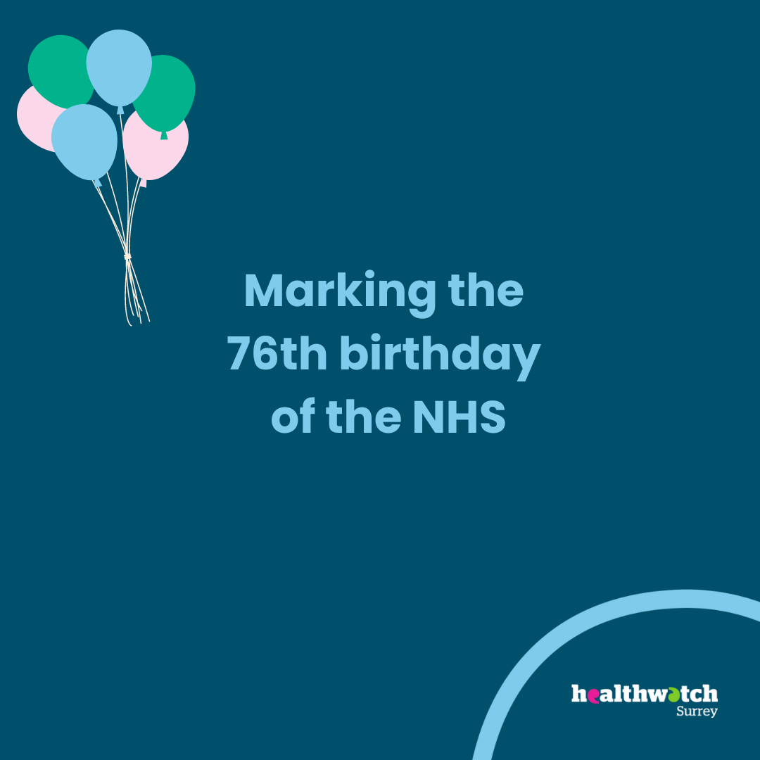 In the centre of the image are the words: Marking the 76th birthday of the NHS. At the top right of the image are some balloons and in the bottom right the Healthwatch Surrey logo with a pale blue arc above it (part of the Healthwatch apostrophe). The whole image is aon a dark blue background.