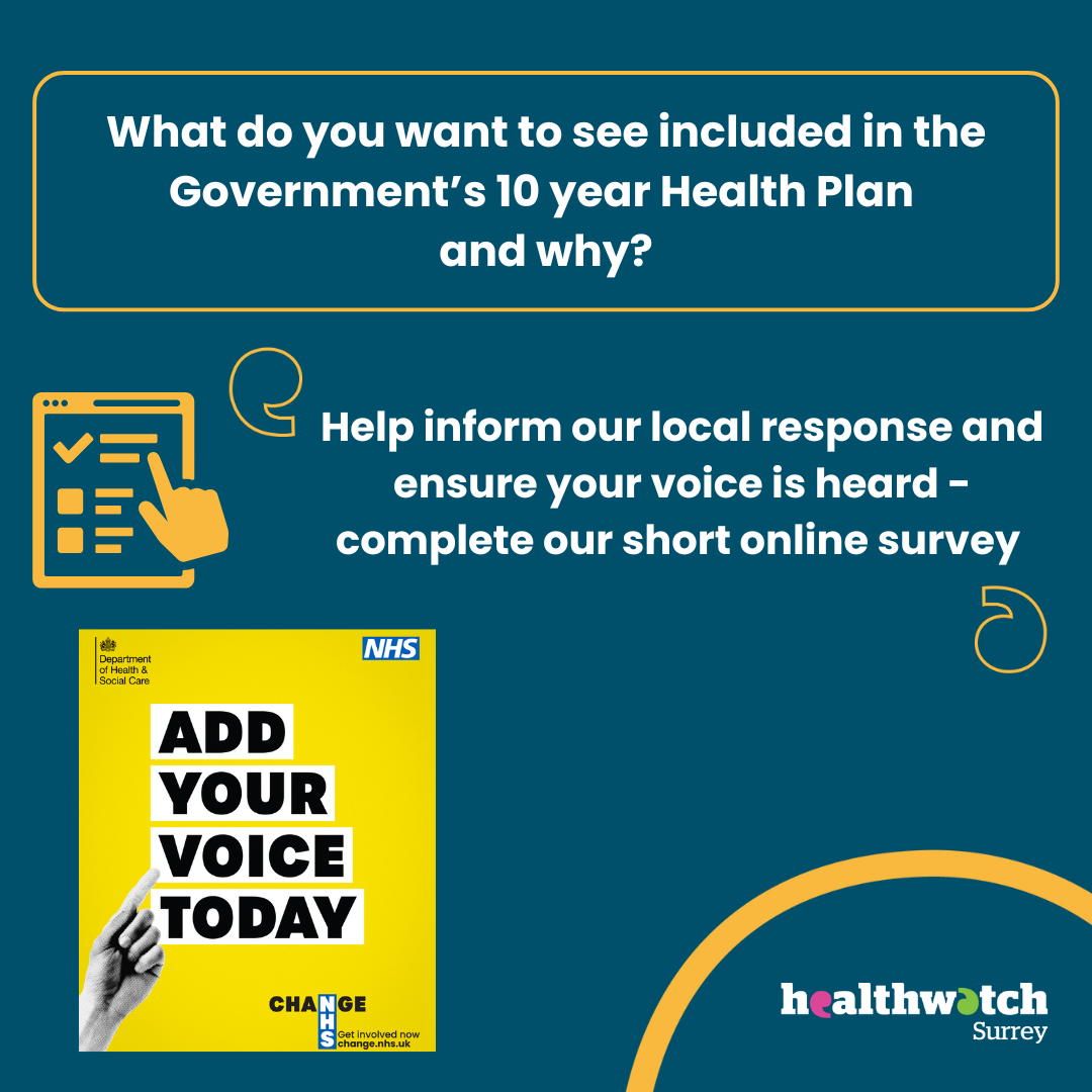 Text at the top: What do you want to see included in the Government's 10 year Health Plan and why? Underneath is an icon of a survey and the words 'Help inform our local response and ensure your voice is heard - complete our online survey. Underenath is an image of the NHS 'Add your voice today' campaign and the Healthwatch Surrey logo.