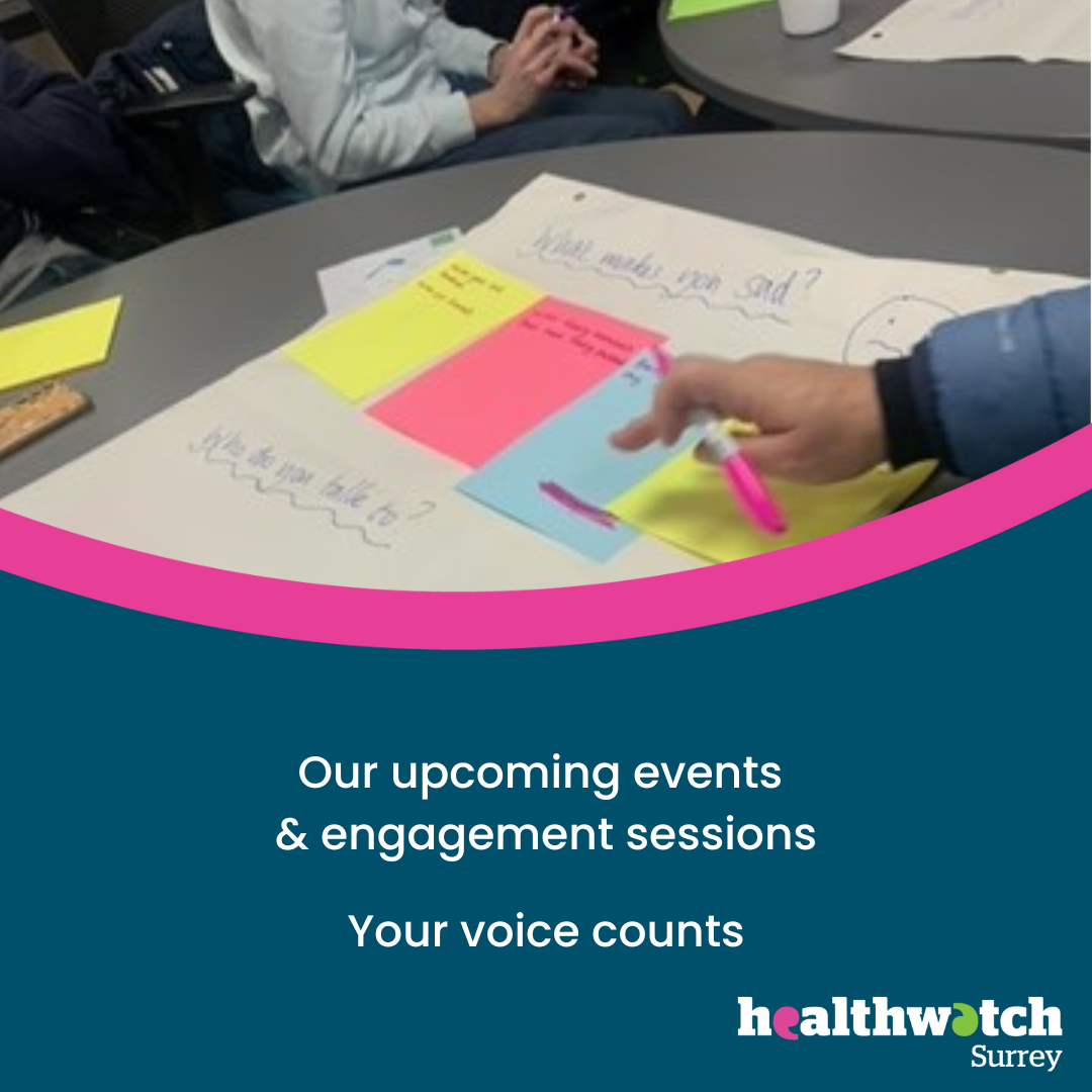 Photo of some post it notes used during an engagement. Underneath on a dark blue background are the words 'Our upcoming events & engagement sessions; Your Voice Counts’ and the Healthwatch Surrey logo.