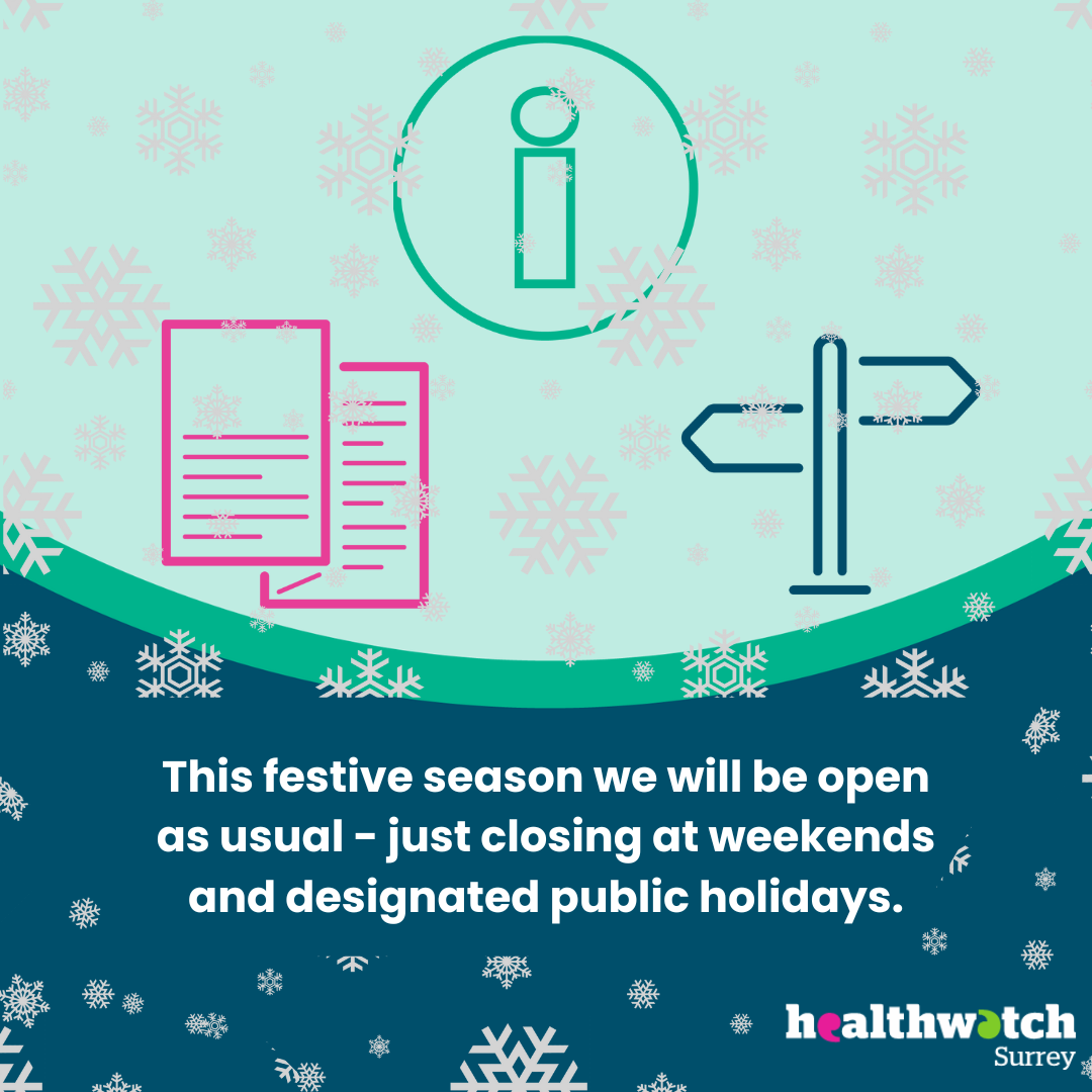 At the top of the image are 3 icons on a pale green background - they are n 'i' for information, a folded leaflet and a signpost. Underneath, on a dark blue background are the words: This festive season we will be open as usual - just closing at weekends and designated public holidays. In the bottom right hand corner is the Healthwatch Surrey logo. There are snowflakes in the background of the image.