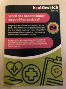 Front page of our What do I need to know about GP practices, co-produced with Surrey residents. The leaflet has an image of a heart, a circle and a clipboard, all with a medical cross on them.