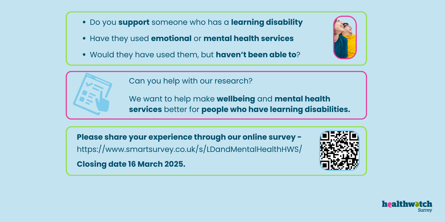 Banner asking people to take part in our research to help make wellbeing and mental health services better for people who have learning disabilities. Asking if people support someone who has a learning disability, who has used emotional or mental health services to take part in our survey.