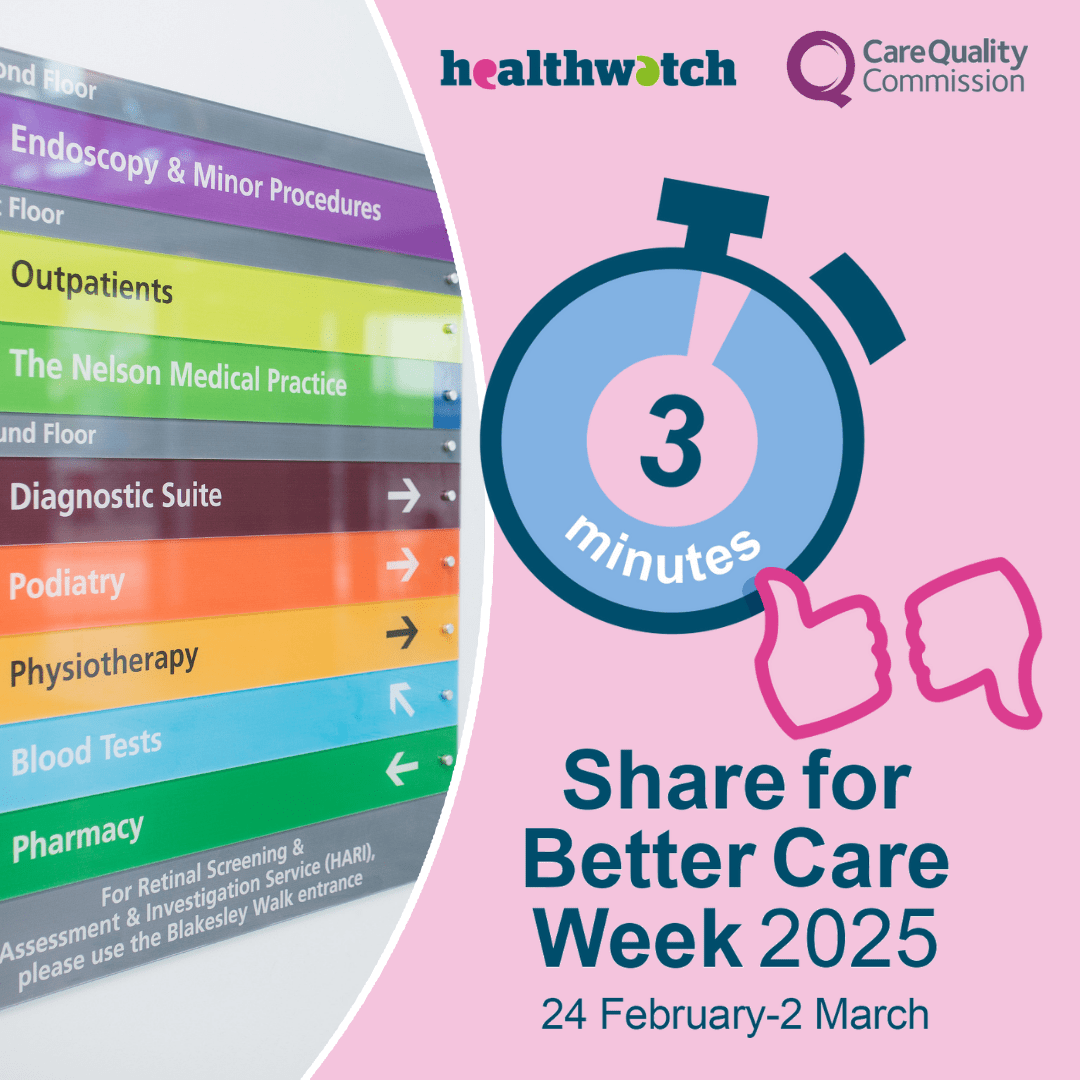 To the left of the image is a photo of signage at a hospital. To the right is a stopwatch with 3 minutes displayed and a thumbs up and thumbs down icon. At the top right of the image of the Healthwatch and Quality Care Commission logos. At the bottom is the words Share for Better Care week 2025, 24 February – 2 March.