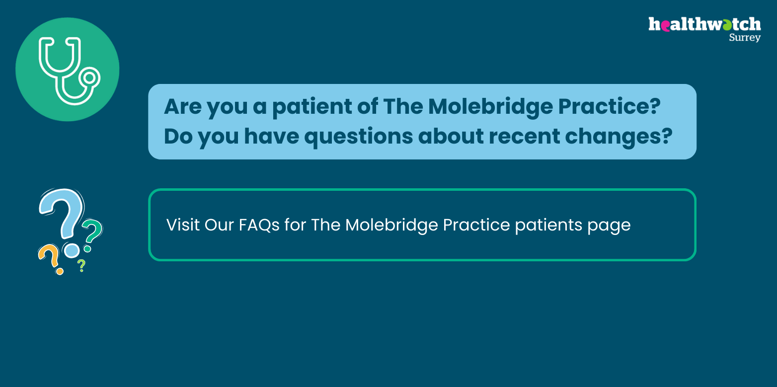 Banner informing The Molebridge pratice patients about our FAQs if they have any queries about changes at the practice.